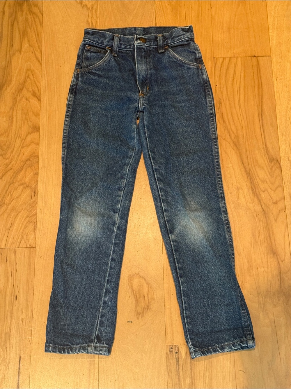 VINTAGE KIDS WRANGLER JEANS WASHED DARK BLUE STRAIGHT LEG SIZE 7-9 UNISEX